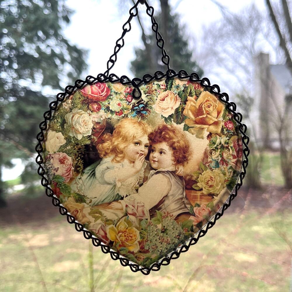 Vintage Heart Shape Sun Catcher Metal Chain Frame & Hanger Victorian Boy & Girl